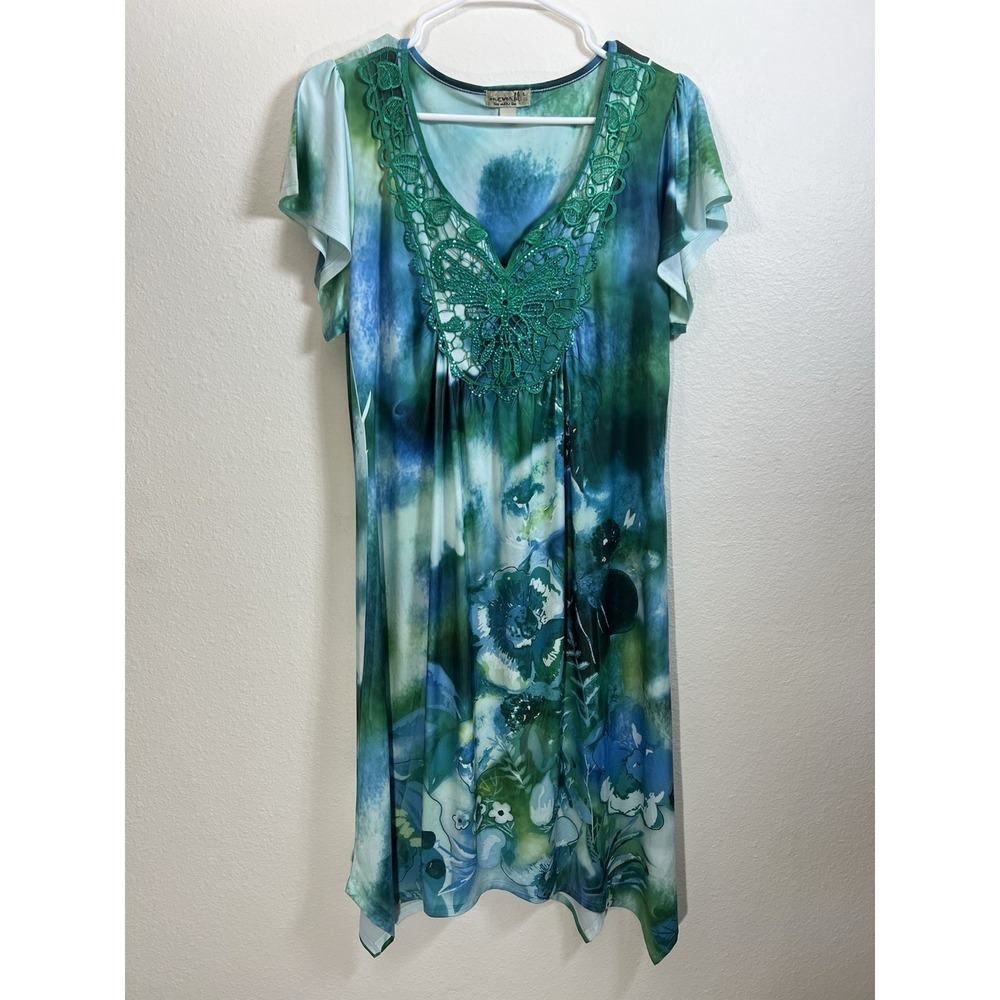 One World Dress L Green Fairy Grunge Embellished Colorful Y2K Boho Liquid Knit